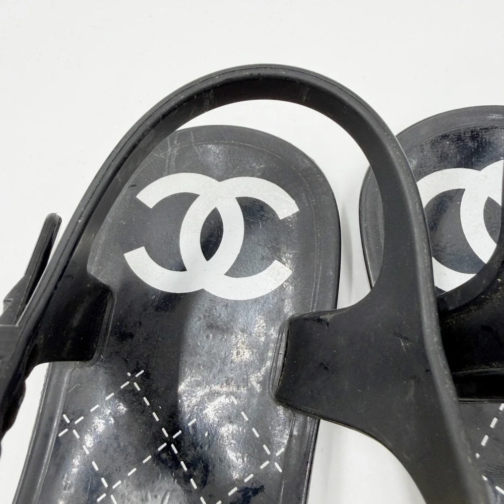 Chanel Jelly Sandals Black Pearl CC Logo Thong Flat Rubber Women Size 35 / 5 US